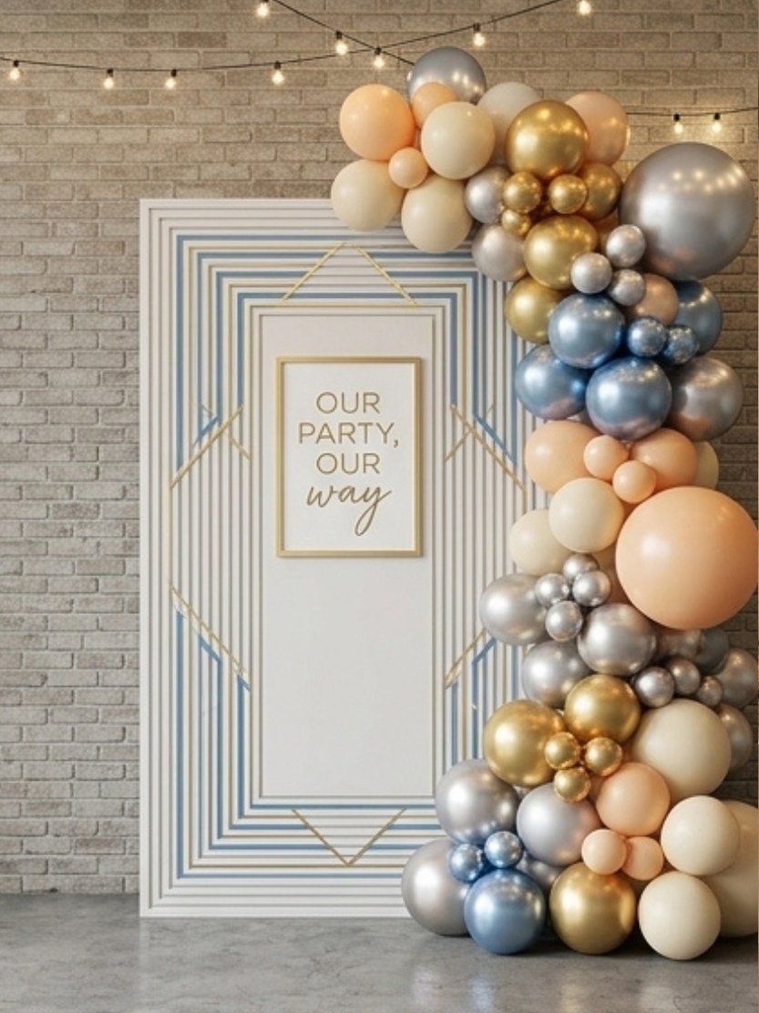 White rectangular Art Deco geometric backdrop panel with gold line frame, party sign, and luxury balloon garland.
