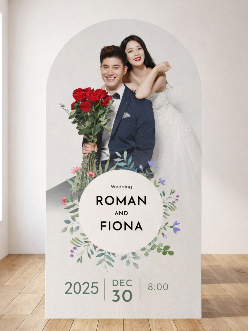 Custom printed arched wedding backdrop panel featuring a personalized couple photo, wedding date, and floral details for entrance welcome decor.