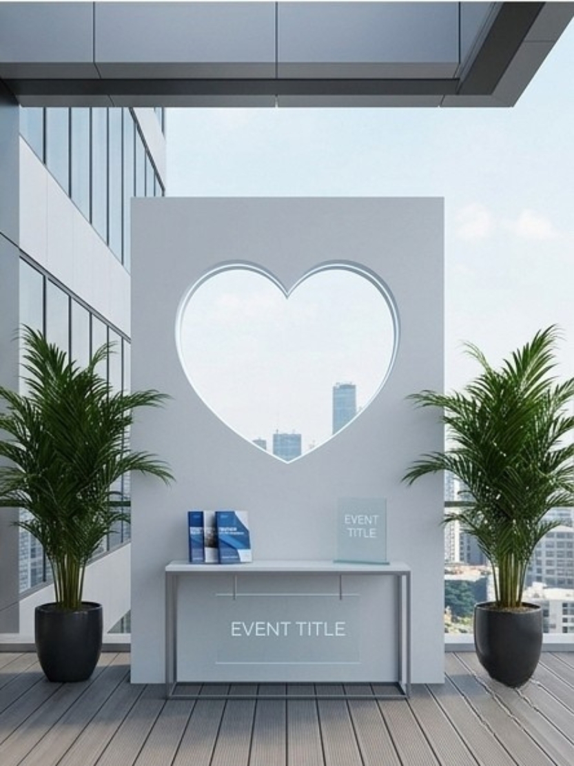 Modern white event backdrop panel with heart cutout design backdrop on a rooftop terrace.