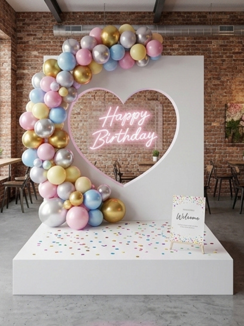 Large white backdrop panel with a heart cutout featuring a glowing pink Happy Birthday neon sign, colorful balloon garland, and white stage platform for party decor.