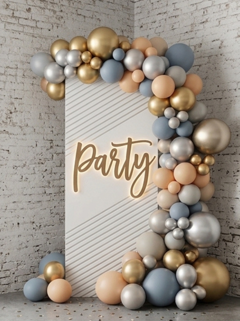 White diagonal grooved backdrop panel with an illuminated gold Party sign, draped in a luxury gold, silver, slate blue, and nude balloon garland for event decor.