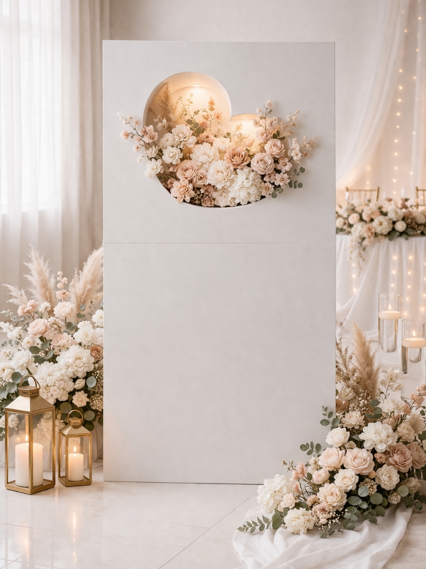 Modern white wedding backdrop panel with an illuminated heart-shaped cutout and lush blush floral arrangement, perfect for wedding ceremonies and bridal shower decor.