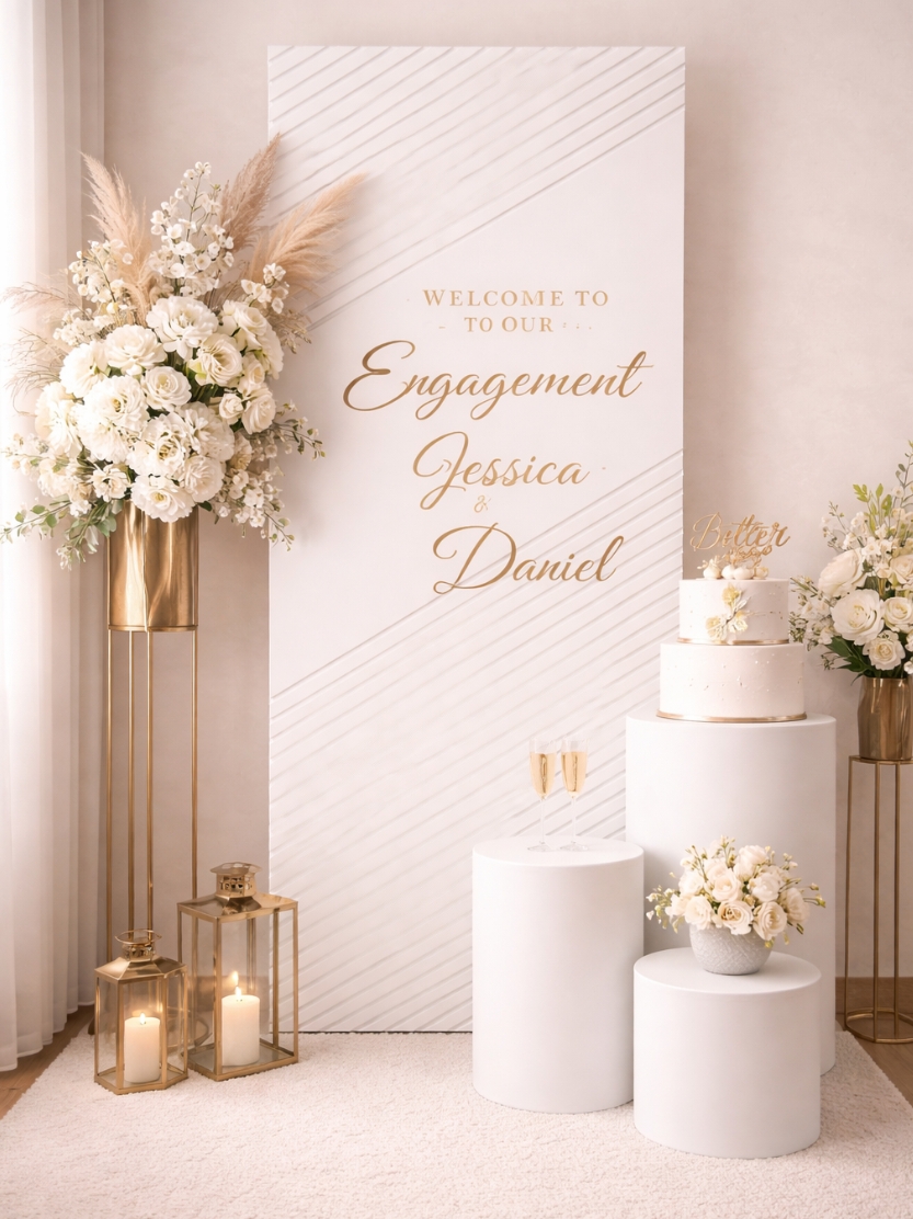 White diagonal grooved backdrop panel with custom gold Engagement welcome lettering, paired with white cylindrical cake plinths, gold lanterns, and white floral arrangements for an engagement party.