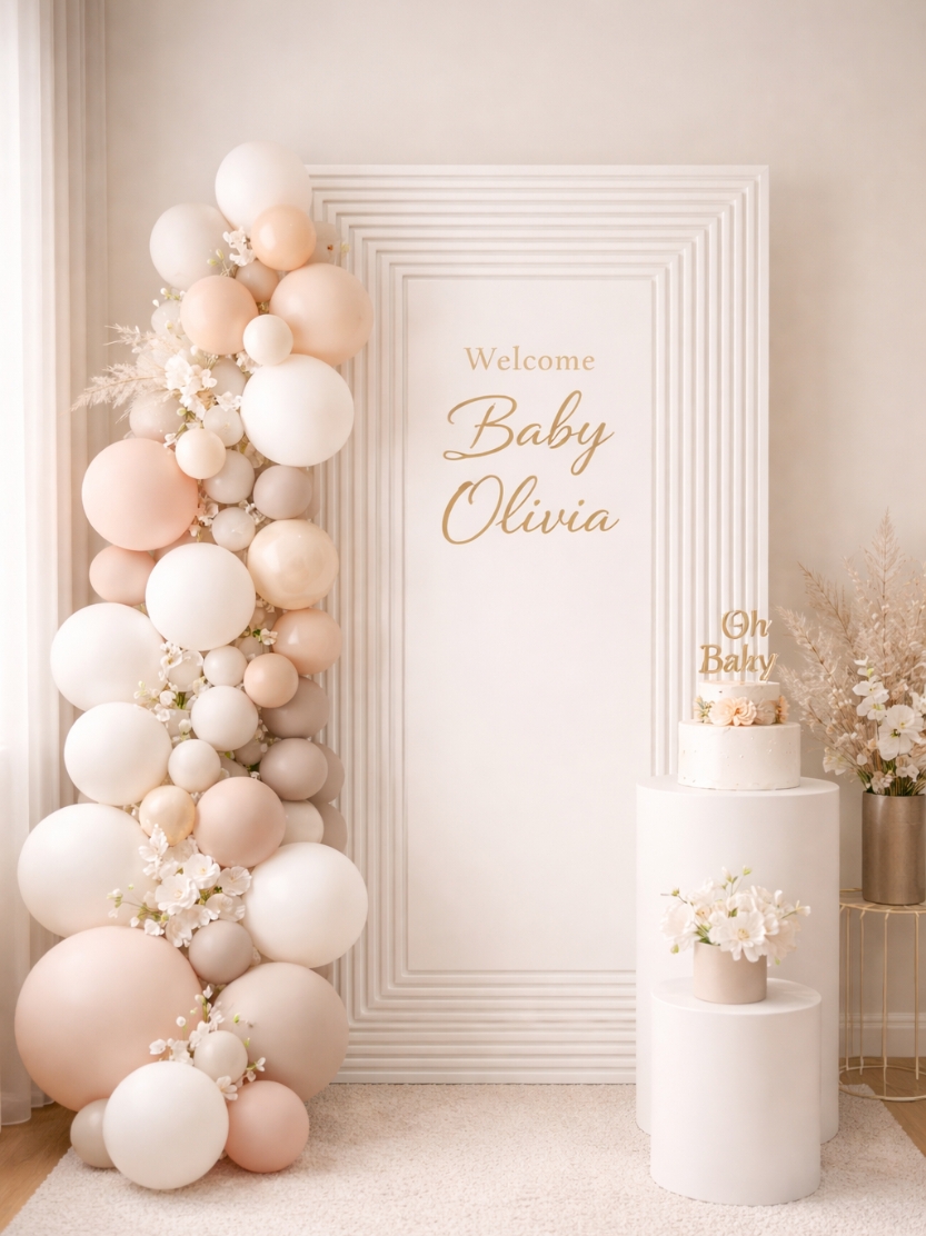 White ribbed frame backdrop panel with personalized gold lettering, nude and cream balloon garland, and matching white plinths for a neutral baby shower decor setup.