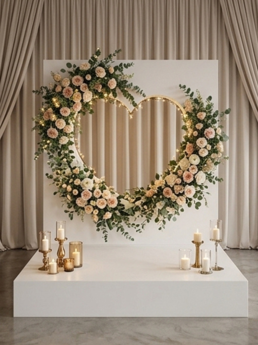 Large white backdrop panel with a lighted heart-shaped cutout, draped in lush blush roses and warm LED string lights, set on a white stage for wedding proposals and ceremonies.
