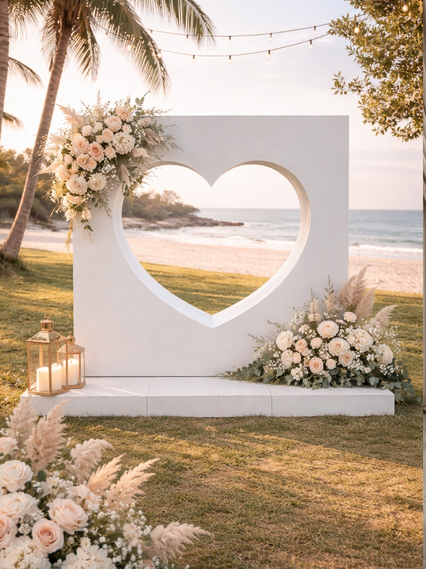 Large white square backdrop panel with a heart cutout on a beachfront lawn, decorated with boho pampas grass, blush roses, and golden lanterns for an oceanfront wedding ceremony.