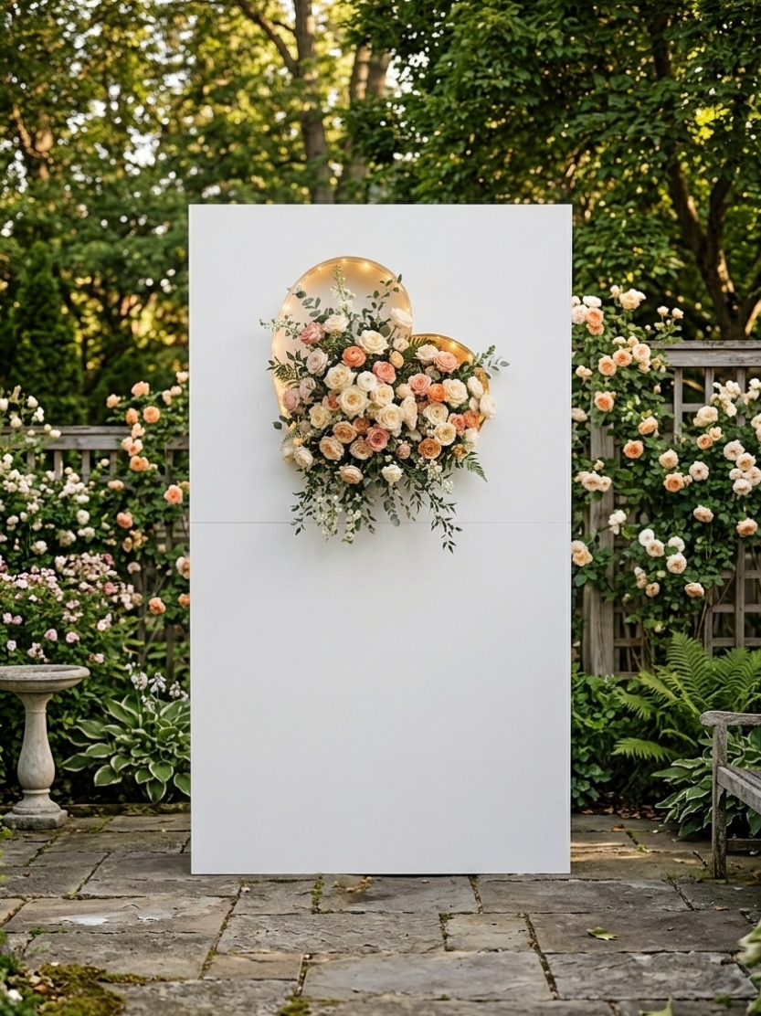 Large white backdrop panel with an illuminated heart-shaped recessed niche filled with lush blush roses, set in an outdoor garden courtyard for a wedding or proposal ceremony.