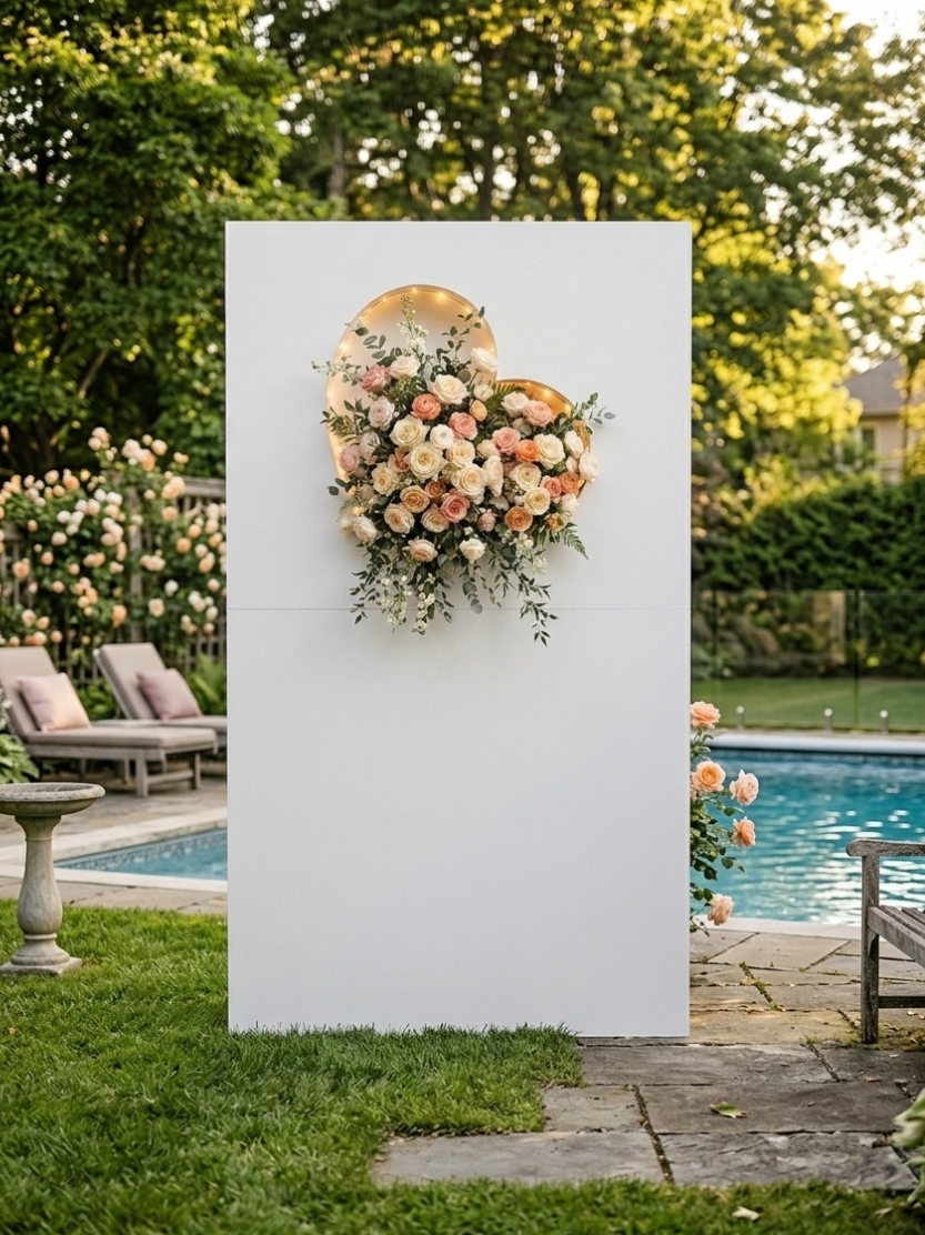 Large white backdrop panel featuring an illuminated heart-shaped recessed niche with lush blush and peach roses, set on a backyard poolside lawn for an outdoor party or engagement celebration.