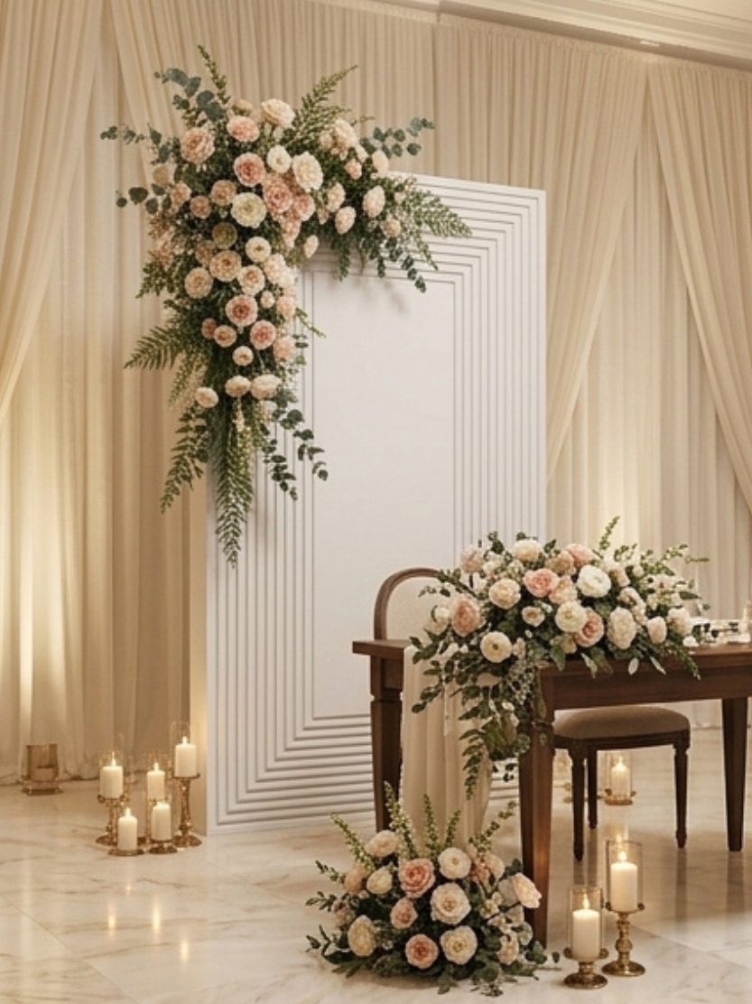 White ribbed moulding frame backdrop panel styled with cascading blush rose floral arrangements, brass pillar candles, and a sweetheart table for a luxury indoor wedding reception.
