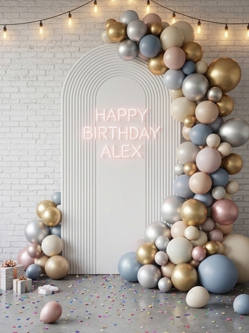 White ribbed arch backdrop with pink LED neon sign and metallic balloon garland for birthday party decoration.