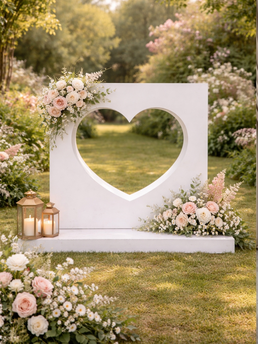 White square backdrop panel with a open heart cutout window, arranged with soft blush florals and brass lanterns for an outdoor lawn wedding ceremony.