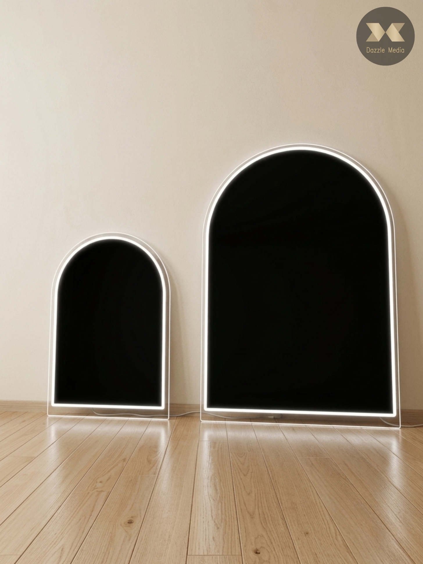 High Gloss Black Acrylic Arch Signboards with Luminous Neon LED Border Duo Set Rental Melbourne