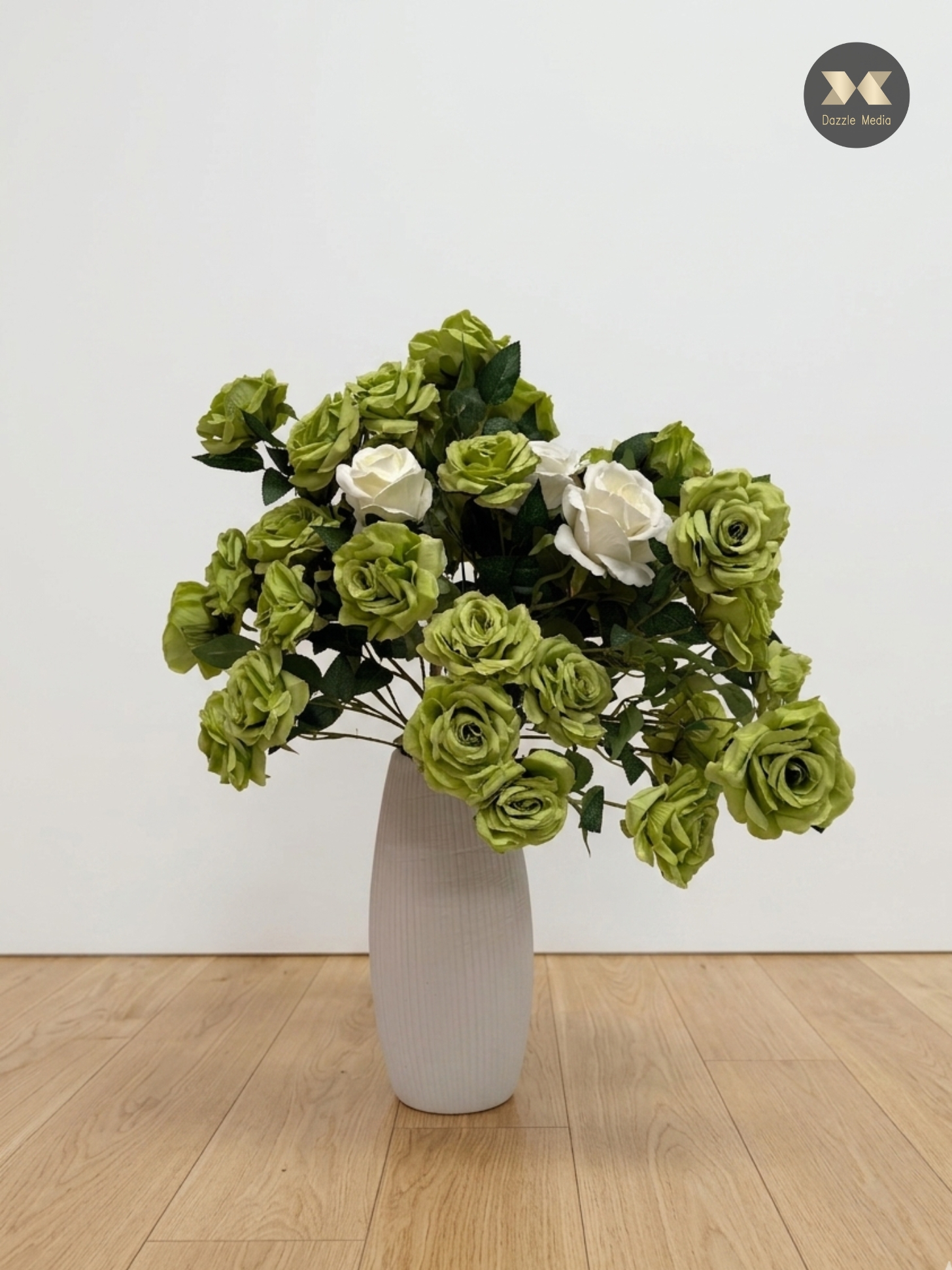 Premium 3D full coverage white silk rose and green foliage flower rental Melbourne